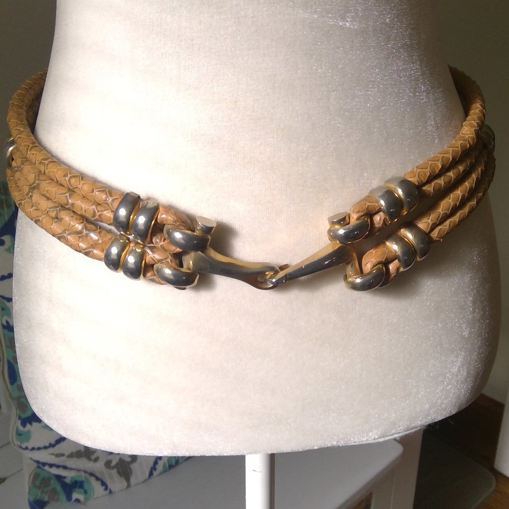 Vintage Braided Tan Leather Belt with Goldtone Metal Closure Accents